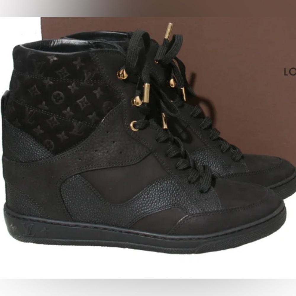 Authentic Louis Vuitton Black Suede Monogram Cliff Top Wedge Sneakers